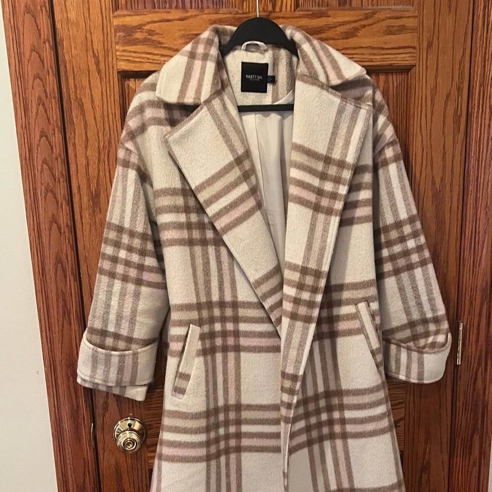 Plaid longline faux wool coat